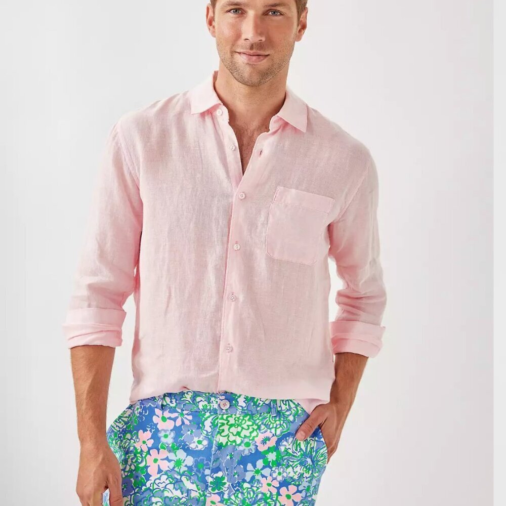 Lilly Pulitzer Men's Stuff Addison Linen Shirt Pink Muse X Resort White NWOT